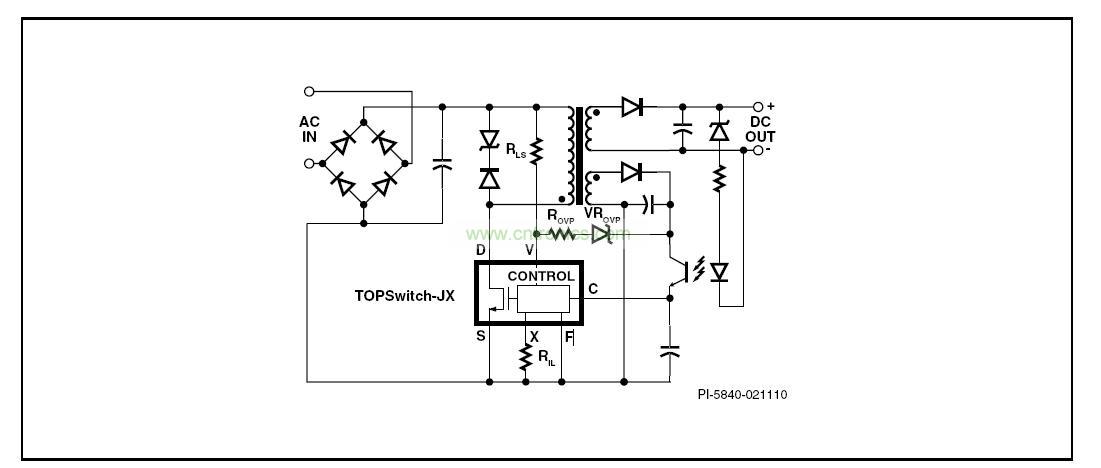 圖 1. 具有初級(jí)檢測(cè)的輸出過(guò)壓保護(hù)、輸入欠壓鎖存、輸入過(guò)壓關(guān)斷及可設(shè)定流限值功能的典型TOPSwitch-JX反激式電源