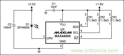 圖2：MAX44000典型電路，帶有發(fā)射器旁路