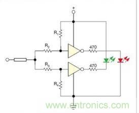 在雙門構(gòu)成的CMOS/TTL兼容探頭中，R1至R4電阻網(wǎng)絡(luò)對反相器輸入端做偏置