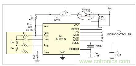 圖1：測量電路測三個點(diǎn)的值，微控制器就可以計(jì)算出傳感器值。