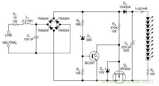 圖2：斬波工作類(lèi)似圖1中的電路，但以較大的LED串聯(lián)電阻代替了恒流源，提供限流功能