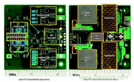 圖6：采用eGaN FET設(shè)計(jì)的48V至53V半磚PSE轉(zhuǎn)換器的頂視圖和底視圖(單位為英寸)。