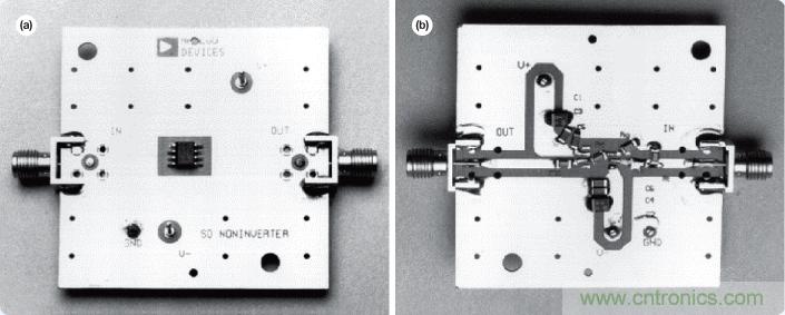 圖14. AD8001AR評(píng)估板&mdash;俯視圖(a)和仰視圖(b)。