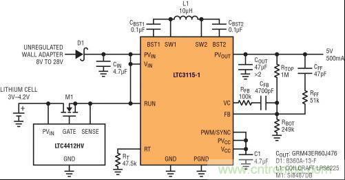 圖7：LTC3115-1與LTC4412HV相結(jié)合，以獲得由單節(jié)鋰離子電池和未穩(wěn)壓交流適配器提供的雙輸入5V電源