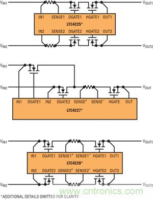  圖 1：采用檢測電阻器和外部 N 溝道 MOSFET 的 LTC4225、LTC4227 和 LTC4228 的不同配置