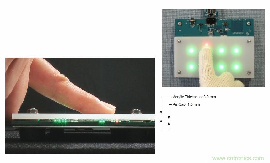 圖7. 安森美半導(dǎo)體電容式觸摸傳感器具有高度靈敏度，支持戴手套觸摸，支持含氣隙應(yīng)用
