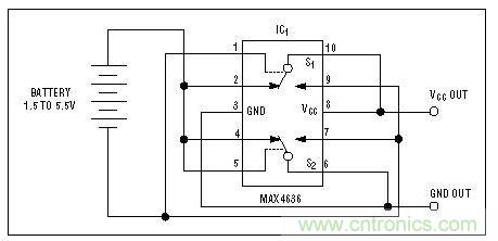 該電路檢測電池極性，并迅速接通負載或切換電池極性