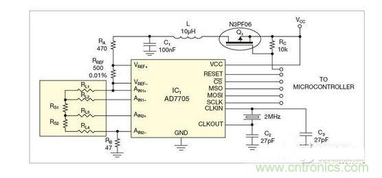 測(cè)量電路測(cè)三個(gè)點(diǎn)的值,微控制器就可以計(jì)算出傳感器值