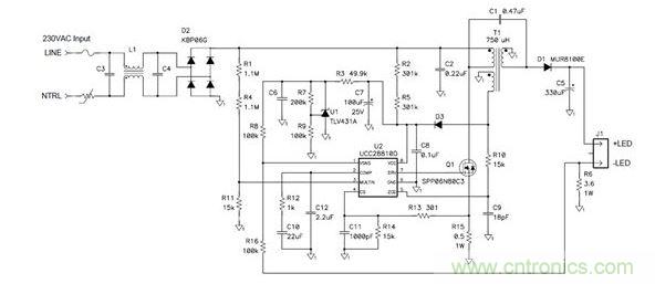 該拓撲不僅可提供良好功率因數(shù)，而且還符合EN61000-3-2C類標準
