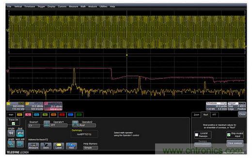紅色曲線F2(中心)顯示了掃頻正弦波FFT中的每個(gè)頻率的峰值或最大值。曲線F1(底部)是沒(méi)有應(yīng)用最高或最大值的FFT。F2描述符盒子顯示了最高功能的設(shè)置