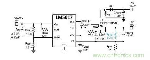 基于 LM5017 的 Fly-Buck 轉換器電路，沒有基于光耦合器的穩(wěn)壓電路