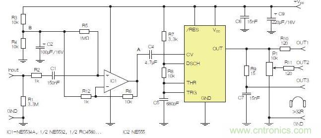含運算放大器和NE555定時器的耳機和音頻線路驅(qū)動器。也可以使用CMOS版本(如LMC555)，但輸出電流較低。其優(yōu)點為工作頻率較高。