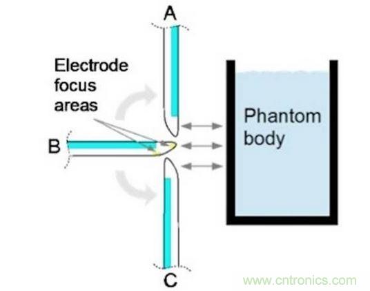 相對(duì)于假想體測(cè)試角的電極焦點(diǎn)區(qū)域。