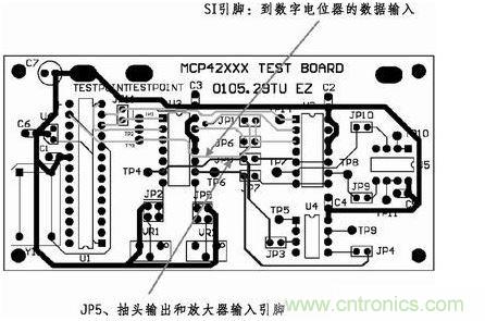 這是對(duì)圖2所示電路的第一次布線嘗試。此配置在模擬線路上產(chǎn)生不規(guī)律的噪聲，這是因?yàn)樵谔囟〝?shù)字走線上的數(shù)據(jù)輸入碼隨著數(shù)字電位器的編程需求而改變。