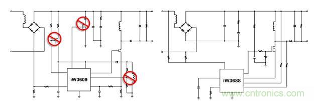 相比前代產(chǎn)品iW3609（左），iW3688（右）采用專利數(shù)字算法，完全消除了外部泄放電路、外部VCC電路和啟動(dòng)電路