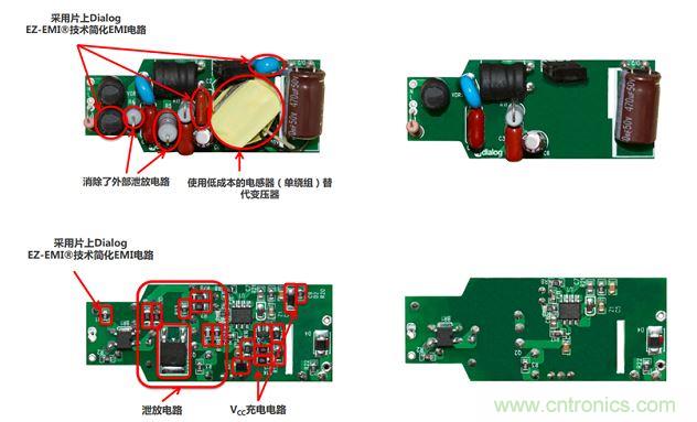 iW3688消除了20 多個(gè)外部元器件，降低BOM成本達(dá)20%~25%（左右分別為方案對(duì)比，上下為PCB正反面）