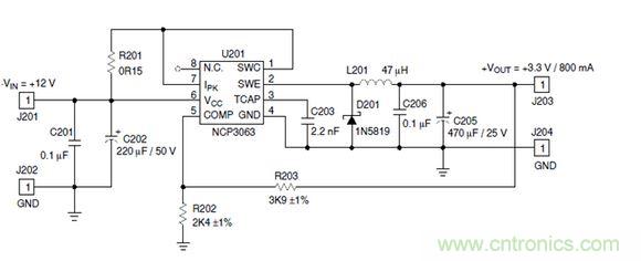 Buck電路應(yīng)用實(shí)例-輸入9～12V，輸出3.3V 800mA電路