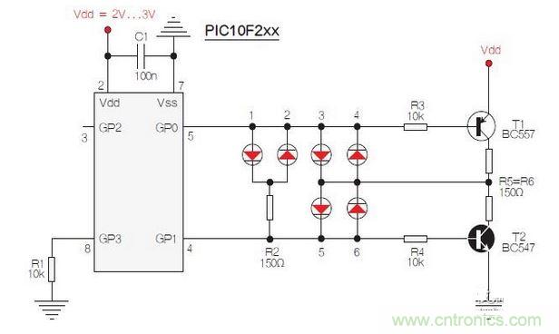 測(cè)試選擇PIC10F200，固件以兩個(gè)獨(dú)立、簡單的匯編程序源代碼的方式提供。