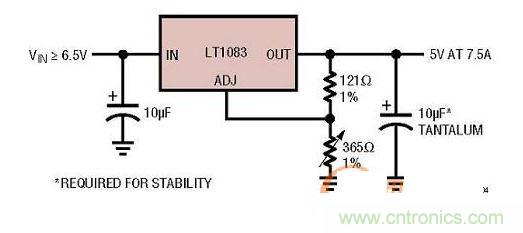 集成型線性穩(wěn)壓器實例：只有3個引腳的7.5A線性穩(wěn)壓器。