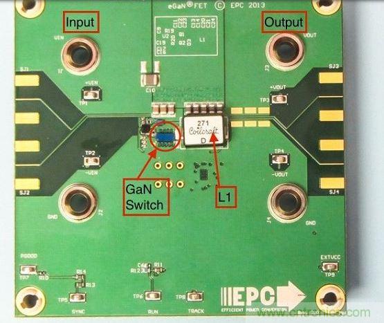 演示板用于顯示GaN的EMI。該GaN組件被圈定，我會在L1左側(cè)測量切換的波形。
