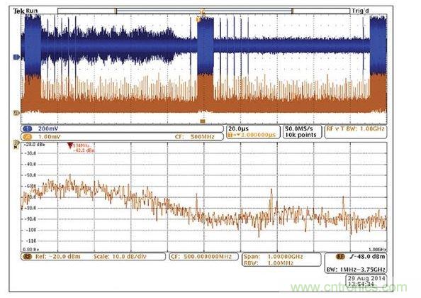 使用示波器模擬通道上的無(wú)源探針找出與射頻關(guān)聯(lián)的信號(hào)。