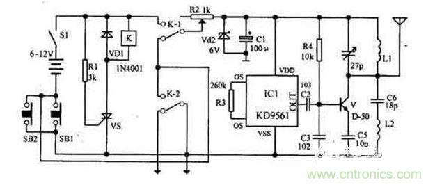 【導讀】隨著環(huán)保意識的增強，電動車已大量進入我們家庭，成為部分人必不可少的交通工具。如何防止電動車被盜則是車主十分關(guān)心的問題，為此，出現(xiàn)了各類電動車防盜鎖。除此之外呢？還有什么好的方法防盜呢？我們?yōu)榇蠹医榻B一款電動車防盜報警器電路圖。  各類電動車防盜鎖大量涌出，但是，電動車被盜現(xiàn)象仍層出不窮，較高級的電動車防盜鎖在短時間內(nèi)難以破壞，盜賊便將電動車搬上其它車輛上盜走，這樣，再高級的防盜鎖也顯得無能為力了。鑒于此，我們?yōu)榇蠹医榻B一款電動車防盜報警器電路圖。 1 報警器發(fā)射機部分是由繼電器K和可控硅VS用來控制發(fā)射機電路的電源。IC1組成警聲信號電路。晶體管V及其外圍元件組成射頻振蕩電路，發(fā)射報警信號。  在等待狀態(tài)時，開關(guān)S1接通，而SB1斷開（即車頭鎖被鎖住），K就處在釋放狀態(tài)，報警發(fā)射機不工作。當車頭鎖被打開時（即SB1接通），VS被觸發(fā)導通，K吸合，接通發(fā)射機電源。SB1接通后，K-2的常開點將其自鎖，此時只有斷開S1報警方能結(jié)束。在K動作時，其常閉觸點K-l斷開，切斷發(fā)動機點火電路。  接收機電路由TDA7010和開關(guān)功放TWH8778、TWH68組成。當IC2 收到報警信號時其互腳的高電平通過IC3經(jīng)IC4放大由TWH15放出報警聲。但要考慮到頻率的穩(wěn)定性，因為7010自身沒有頻率穩(wěn)定電路，在工作時要多作檢測，最好用印制板和貼片元件。  按上述操作方法停放車輛后，報警器即進入待報警狀態(tài)。在待報警期間，只要有人無論用什么方法打開車頭鎖或搬移車輛，都將觸發(fā)報警器報警不停，并切斷發(fā)動機電源使車輛無法起動，直至車主人趕來將點火鑰匙插入點火鎖內(nèi)轉(zhuǎn)到關(guān)的位置，報警才能解除。