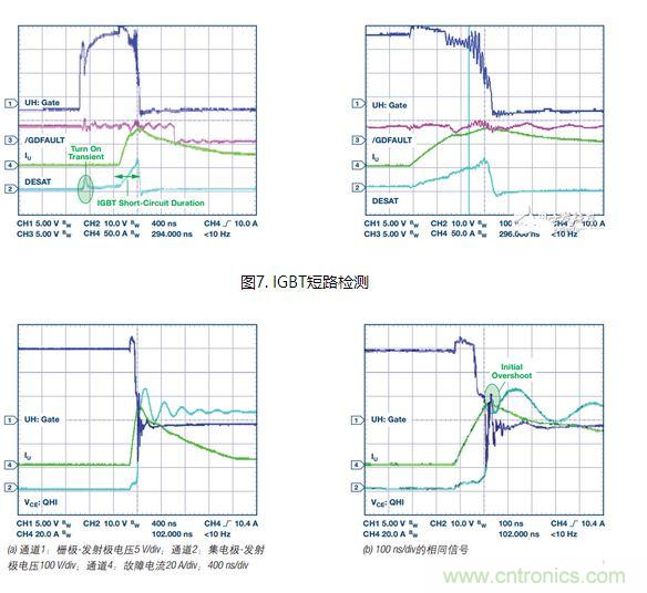 過流關斷時序延遲（通道1：柵極-發(fā)射極電壓10 V/div；通道2：來自 控制器的PWM信號5 V/div；通道3：低電平有效跳變信號5 V/div；100 ns/div）