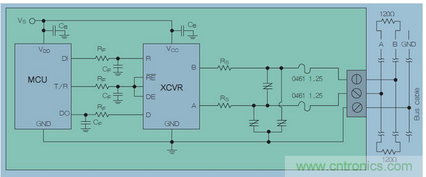 在高暴露環(huán)境中的RS-485總線的電路保護(hù)示意圖中，上圖類似&ldquo;Z&rdquo;字形的符號(hào)可代表多種過壓保護(hù)解決方案，包括Q2L系列SIDACtor保護(hù)晶閘管(圖7)。