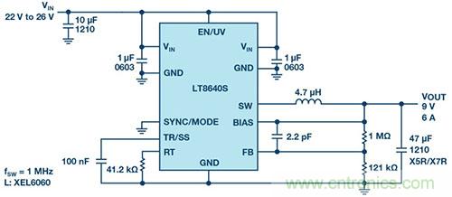 42 V、6 A（峰值7 A）、超低EMI輻射、高效率降壓型穩(wěn)壓器