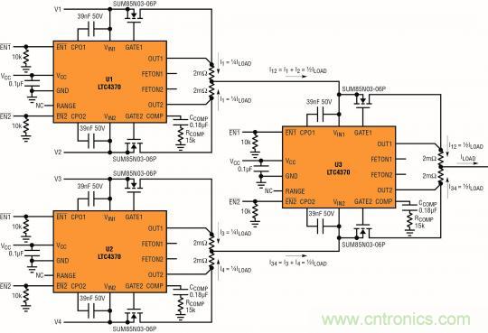 針對(duì)三個(gè)或四個(gè)電源的簡(jiǎn)易平衡負(fù)載均分，即使電源電壓不等也絲毫不受影響