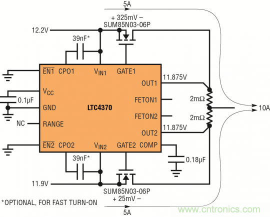 針對(duì)三個(gè)或四個(gè)電源的簡(jiǎn)易平衡負(fù)載均分，即使電源電壓不等也絲毫不受影響