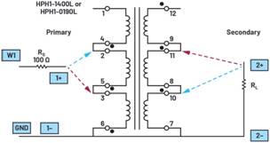   材料  ? ADALM2000主動學(xué)習(xí)模塊 ? 無焊試驗(yàn)板和跳線套件 ? 一臺HPH1-1400L 6繞組變壓器 ? 一臺HPH1-0190L 6繞組變壓器 ? 兩個100 Ω電阻  說明  在無焊試驗(yàn)板上構(gòu)建圖2所示的電路。需要使用此設(shè)置來測量初級/次級匝數(shù)比為1:1的三種不同配置下，兩個變壓器型號各自的頻率響應(yīng)。兩個紅色箭頭表示在初級和次級使用同一個線圈的配置中連接源電阻和負(fù)載電阻的位置。藍(lán)色箭頭對應(yīng)的是在初級和次級使用兩個串聯(lián)線圈的配置。綠色箭頭對應(yīng)的是在初級和次級使用三個串聯(lián)線圈的配置。